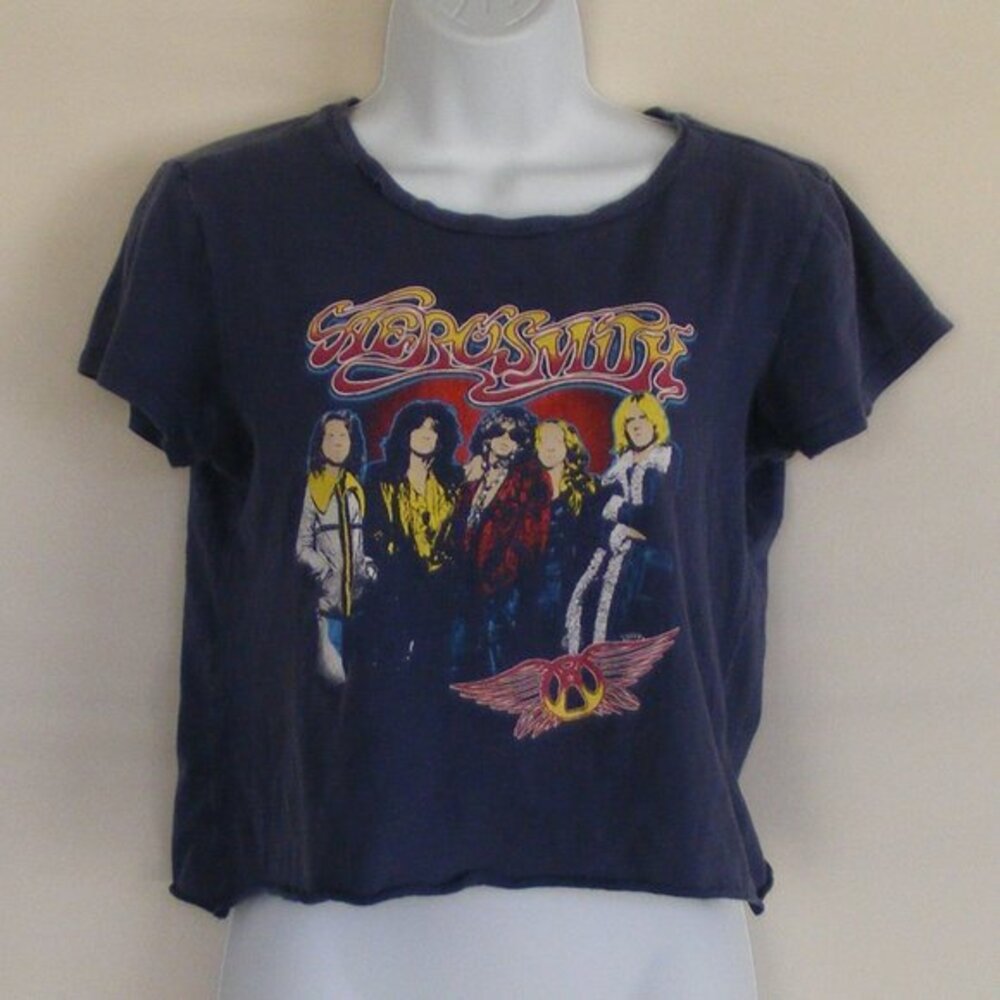 vtg AEROSMITH Tshirt, AS/YL Cropped, Navy Blue